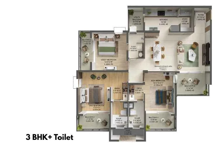 3 BHK Floor Plan Ashiana Aaroham